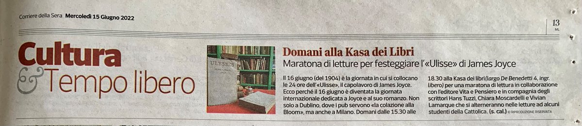 vitaepensiero's tweet photo. 🍀Sul @Corriere #Milano si parla del reading di giovedì #16giugno in occasione del #Bloomsday giornata dedicata a #JamesJoyce organizzato insieme alla 
@kasa_dei_libri! Ci saranno anche @chiaramosca #HansTuzzi #VivianLamarque e #GiulianaBendelli

Info 👉 https://t.co/rV5yfVqg5z https://t.co/ScPR2GO9io