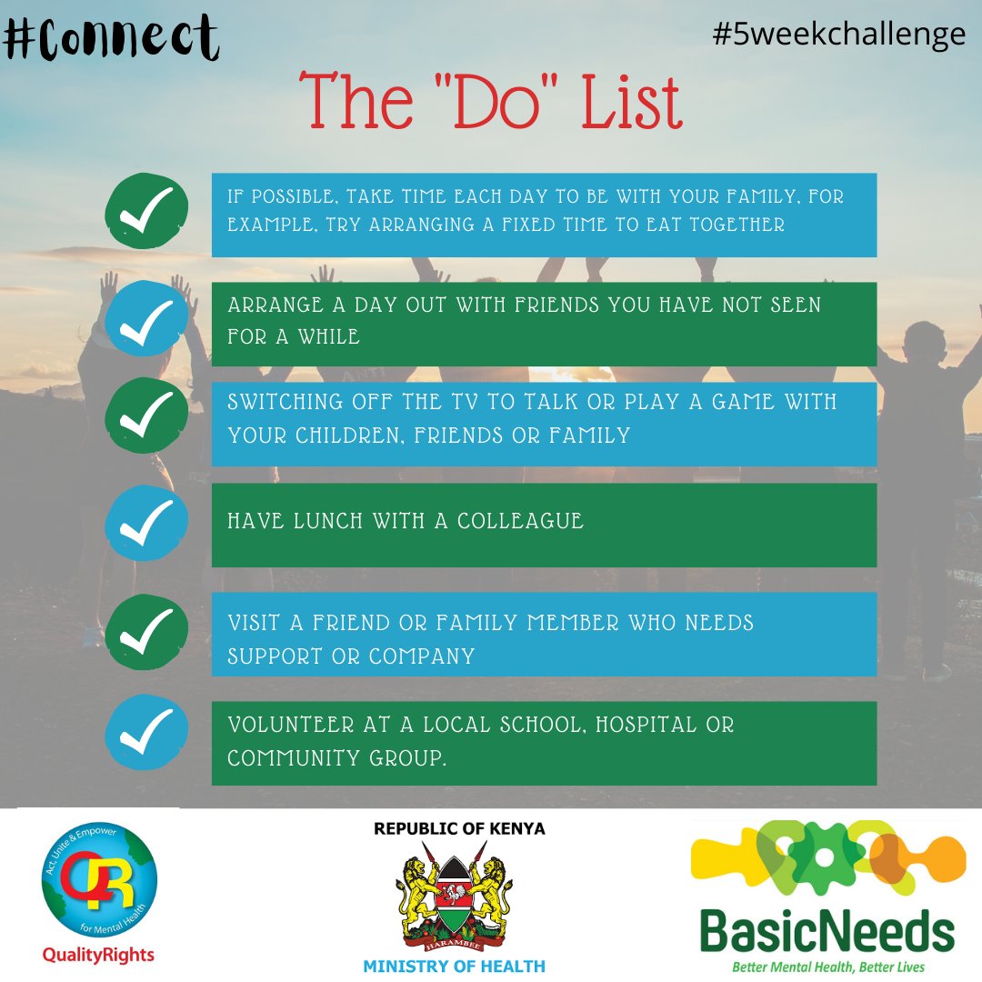 qualityrightske's tweet photo. This week's theme is #connect. Below are some of the activities you can undertake to interact and connect with other people. #tryonetoday https://t.co/vC1iYtMrEI