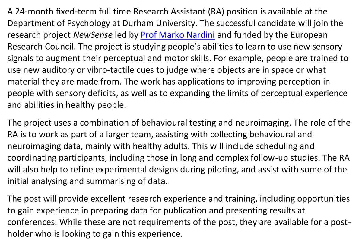MarkoNardini's tweet photo. I have a new vacancy for a Research Assistant to join my @ERC_Research project NewSense at @DurhamPsych ! Behaviour &amp; brain studies of people's abilities to learn new sensory skills. Please share / RT 🙂 closing 𝐉𝐮𝐥𝐲 𝟏𝟐𝐭𝐡.

Full info and to apply: https://t.co/S3HSO338gu https://t.co/WHUuFc7RKf
