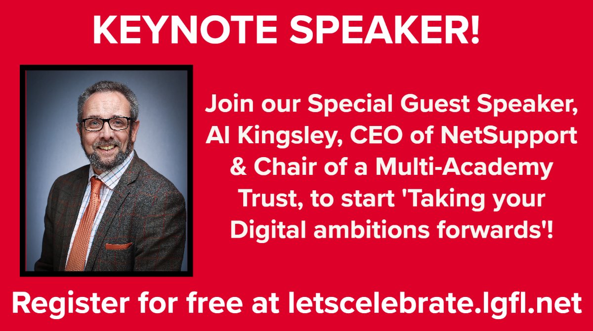 LGfL's tweet image. Join @AlKingsley_Edu at @LGfL&apos;s annual conference on July 1st and let&apos;s celebrate the importance of &apos;Taking #Digital ambitions forwards&apos;

Register for #free and see the full list of incredible keynote speakers we have lined up at letscelebrate.lgfl.net 🎉

#edtech #event
