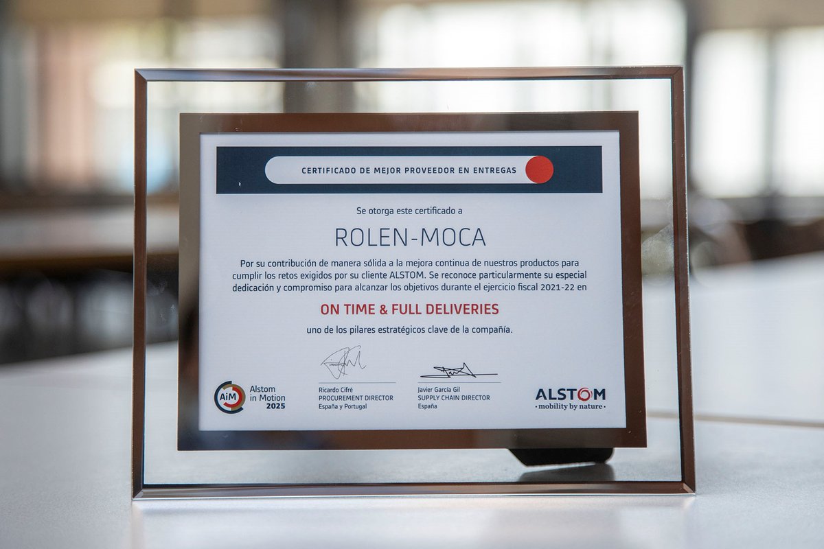 Alstom_es's tweet photo. #ROLENMOCA -- mejor proveedor en la categoría #Entregaatiempo”. 
La empresa de ingeniería Rolen, con sede en Barcelona y fábrica en Girona, suministra desde hace más de 20 años a Alstom España todo tipo de piezas metálicas, pre-montajes e interiorismo. https://t.co/pjhOL0IfVD