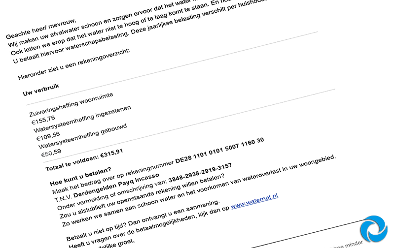 Waternet's tweet photo. Let op! Oplichters sturen valse mails over ‘waterschapsbelasting’. Wij versturen deze mails niet. Open deze mails niet. Klik niet op de link. Maak geen geld over. Hoe herken je nepmails of nepsites? Lees https://t.co/Gjy0anPbEj #phishing #RTgraag https://t.co/z2zaTw0Fc1