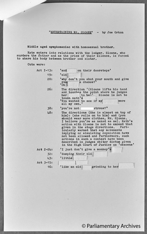 UKParlArchives's tweet photo. Its June 1964 &amp; playwright Joe Orton is the darling of the theatrical scene with the opening of his new play ‘Entertaining Mr Sloane’. Before production begun the script was assessed by the Lord Chamberlain's censor. See cuts below – the rude words are covered up!! #TowerEquality https://t.co/1TgcHOkz5w