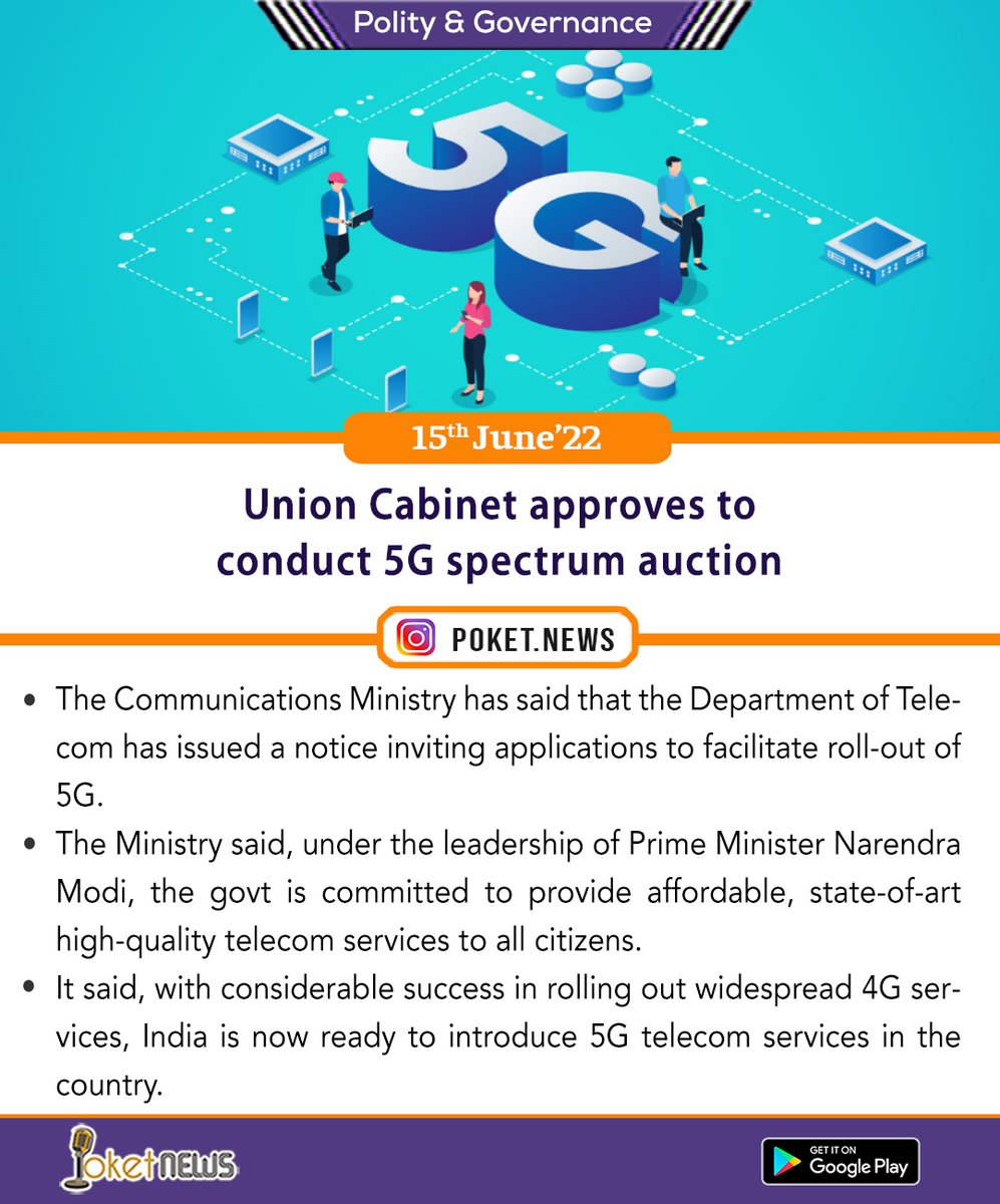 Newspoket's tweet photo. #5g #unioncabinet #5gspectrum #auction #communicationministry #currentaffairs #currentnews #todaysnews #news #currentaffairs2022 #bestcurrentaffairs #generalawareness https://t.co/qRnou0crzF