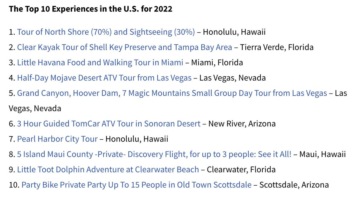 Have you been on any of @Tripadvisor's top 10 Experiences in the U.S. for 2022?