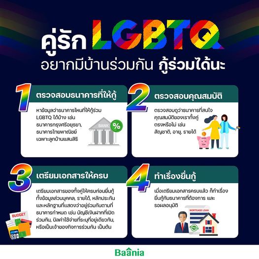 🏳️‍🌈กู้ร่วม อีกหนึ่งตัวช่วยสำหรับคนผ่อนบ้านคนเดียวไม่ไหว
ซึ่งตอนนี้หลายธนาคารก็ให้คู่รัก LGBTQ+ กู้ร่วมได้นะครับ มาดูขั้นตอนเตรียมพร้อมกันดีกว่าว่าทำอย่างไรบ้าง
.
อ่านเพิ่มเติม  👉bit.ly/3tmc4Qu
.
#baania #บาเนีย #บ้าน #บ้านมือสอง  #สินเชื่อบ้าน #pridemonth