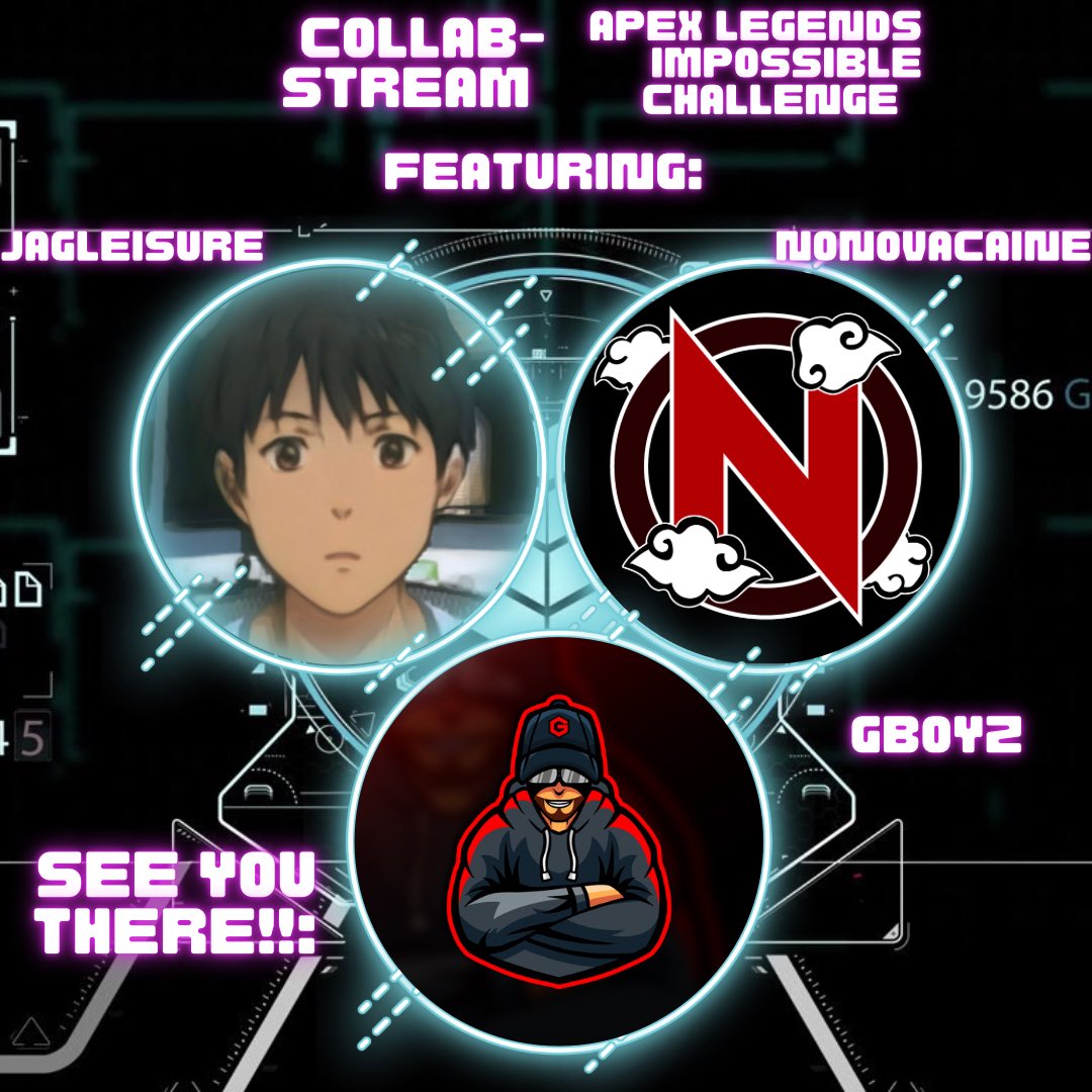 So happy to announce my 1st ever hosted collab stream next Monday with <a href="/JagLeisure/">JAGLeisure</a> <a href="/nonovacaine/">Nonovacaine</a>!! Aiming for the impossible challenge of 3 apex battle royal wins on a ranked game IN A ROW!! See y’all there, and please check out these amazing streamers!!!