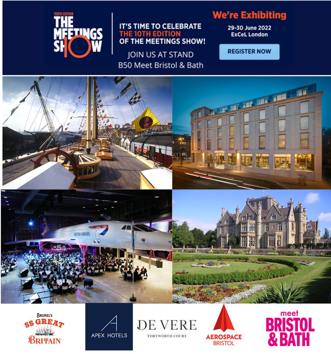 MeetBristolBath's tweet photo. Read our latest blog to find out more about Meet Bristol &amp; Bath and our stand sharers who will be at @MeetingsShow - 
https://t.co/Tfl1TFQVmz

@AerospaceEvent @SSGreatBritain @devereofficial @ApexHotelsBiz 

#MeetUs #TheMeetingsShow #Eventprofs #MeetBristolBath https://t.co/oeTQVN5Q5i