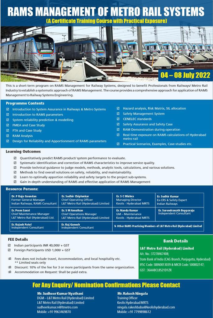 NyathaniKumar's tweet photo. RAMS Training on 04-08 July 2022 @ L&amp;T Metro Rail.. Details are herewith #metro #rail #railway #Transport #RAMS #institute #Academy #Training #Tech #Engineer #Corp #Larsen #News #mrts #rollingstock #signalling #tele #powersupply #Metrorail https://t.co/LJq37KIWYS