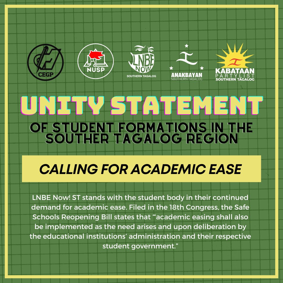 LNBENowST's tweet photo. Youth of Southern Tagalog calls for Academic Ease Now!

Read the full unity statement here: https://t.co/EEcv4k8nQB

Sign the petition for Ligtas Na Balik Eskwela: https://t.co/5b8bXRZGU9

#AcademicEaseNow
#LigtasNaBalikEskwela
#NoStudentLeftBehind https://t.co/6Fqd8wLW95