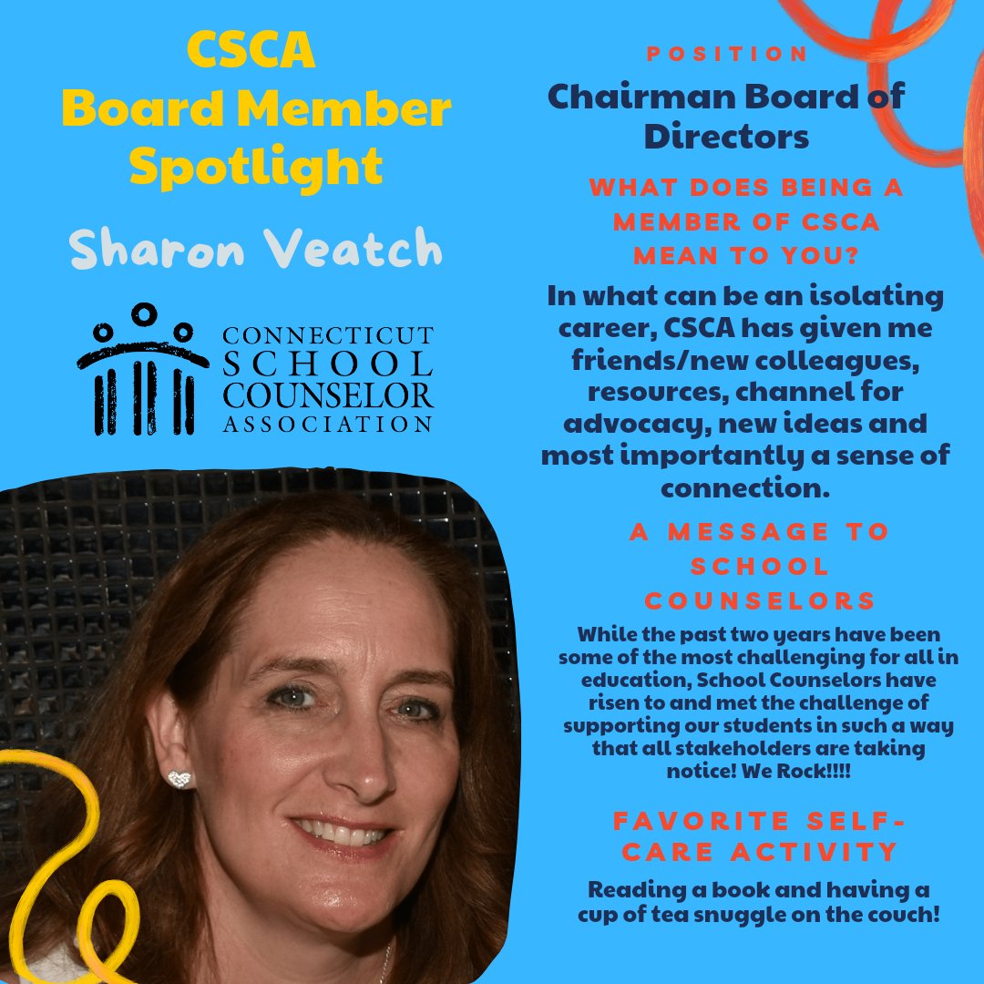 CSCA_Counseling's tweet image. @CSCA_Counseling Board Member Spotlight🎇Sharon Veatch🎇Chairman 📚🫖🛋️