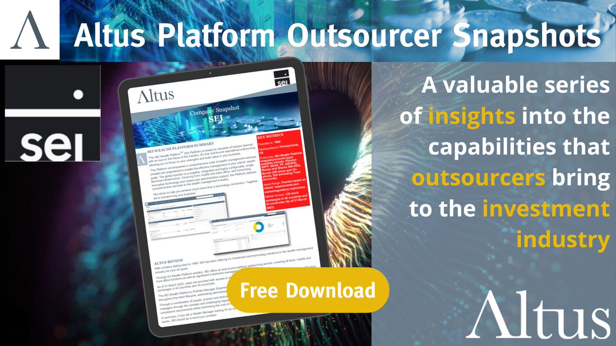 AltusCons's tweet image. The latest in our series of #AltusPlatformOutsourcerSnapshots shines a spotlight on SEI.

To find out more, download our snapshot ⬇️ loom.ly/Oja5I-U

#InvestmentPlatforms #FinTech