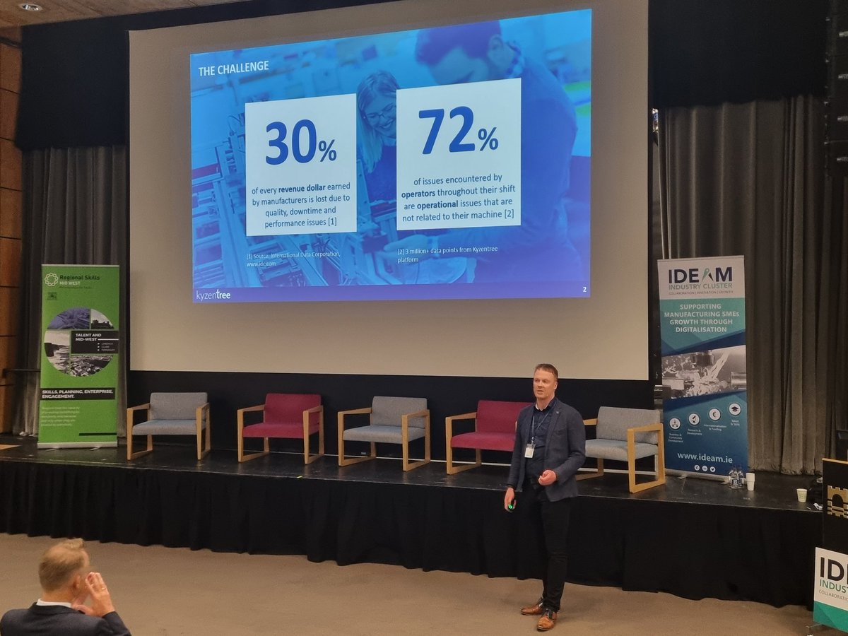 IDEAMCluster's tweet image. Anthony Cahill, Founder &amp;amp; CEO at @KyzenTreeTech, is presenting how operator-led insights are driving continuous improvement on the manufacturing floor.

Join us in the Millenium Theatre @TUS_ie for our Conference on Digitalisation of Manufacturing.