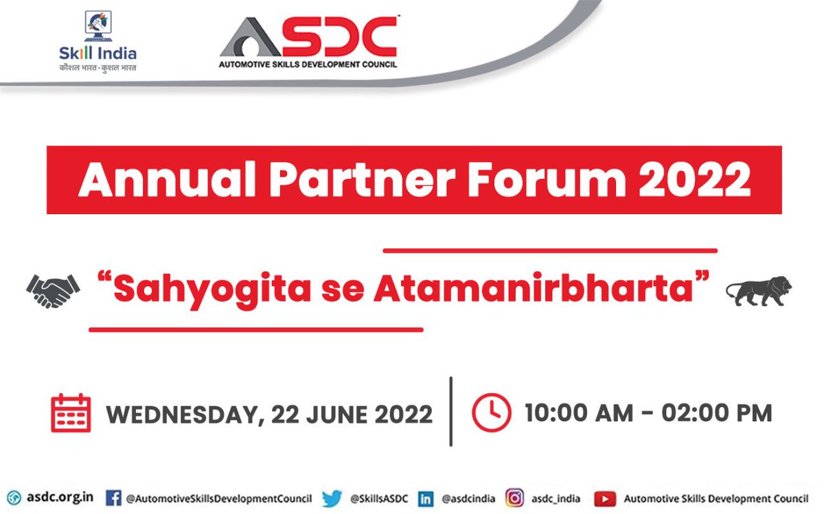 SkillsASDC's tweet photo. ASDC is back with the 'Partner Forum 2022' on the theme 'Sahyogita se Atamanirbharta' will be organised on 22nd June 2022, Wednesday from 10:00 am to 2:00 pm.
#Partnerforum #Auto #AutomotiveIndustry #AutoSkills #Skills #SkillingIndia #SkillIndia #Skills4All #AbSkillsKiBaari https://t.co/dHk4itIbJ6