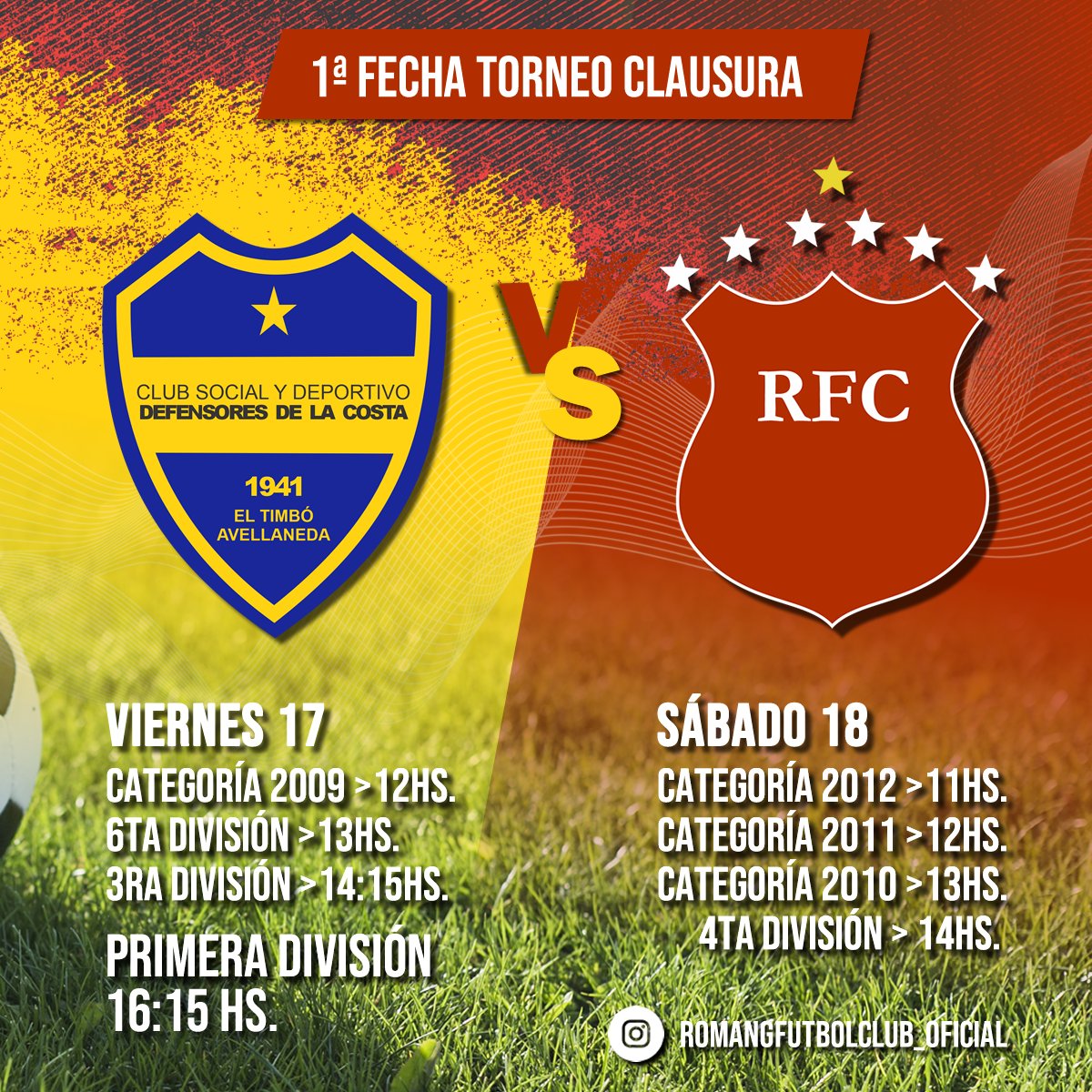 🔜 ¡Próximo partido!

⚽️ 1er fecha torneo clausura LRF
🆚️ Club Def. de la Costa
🗓 Viernes 17/06 
🕓 16:15 hs 
🏟 Estadio Aroldo Vénica

También jugarán nuestras inferiores e infantiles aquí les dejamos el cronograma de horarios y partidos.

#VamosRomanero ❤