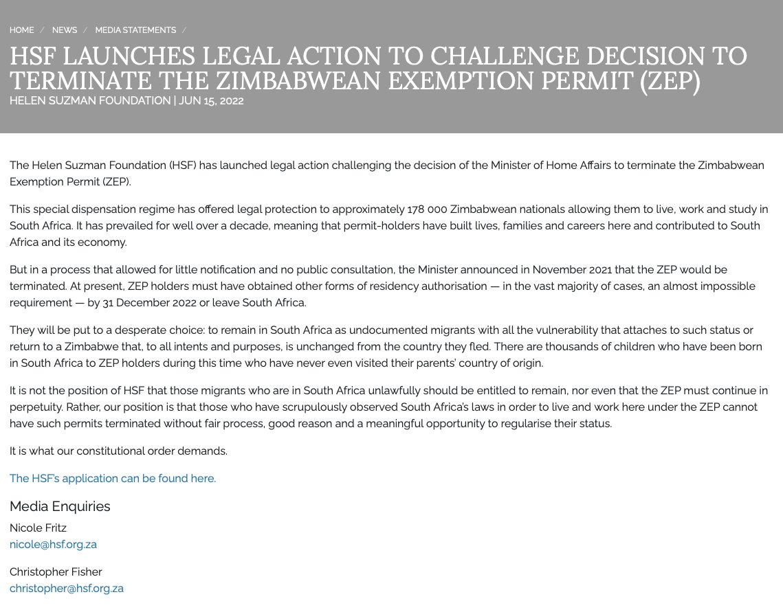 Hsf Christmas Tour 2022 Helen Suzman Foundation On Twitter: "Press Release - 15 June 2022: Hsf Has  Launched Legal Action Challenging The Decision Of The Minister Of Home  Affairs To Terminate The Zimbabwean Exemption Permit (Zep).