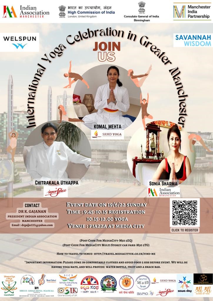 International Yoga celebration in Greater Manchester this 19/06 | 10am-12 | @MediaCityUK In collaboration with the High Commission of India, CGI Birmingham, the Indian Association of Manchester and SRMD have organised this event Register here👉bit.ly/3xNKazw