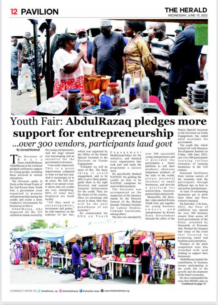 The just concluded #KwaraYouthFair2.0 headlines major newspapers in Nigeria.