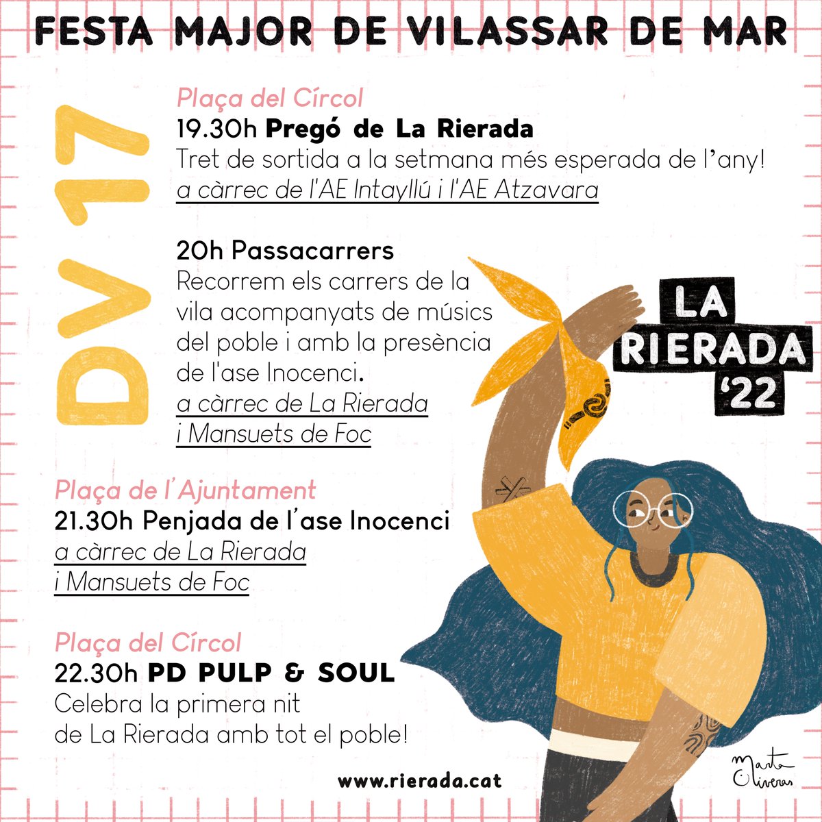 LaRierada's tweet photo. Programació més detallada d'aquest cap de setmana!

Ja fa olor a Festa Major!!!

🟩🟧🟦

Inscriu-te a les activitats a https://t.co/cvKpusG1v3

#LaRierada
#LaRierada2022
#VilassardeMar https://t.co/AeprKtnfGJ