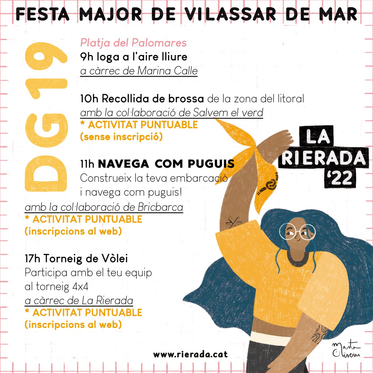 LaRierada's tweet photo. Programació més detallada d'aquest cap de setmana!

Ja fa olor a Festa Major!!!

🟩🟧🟦

Inscriu-te a les activitats a https://t.co/cvKpusG1v3

#LaRierada
#LaRierada2022
#VilassardeMar https://t.co/AeprKtnfGJ