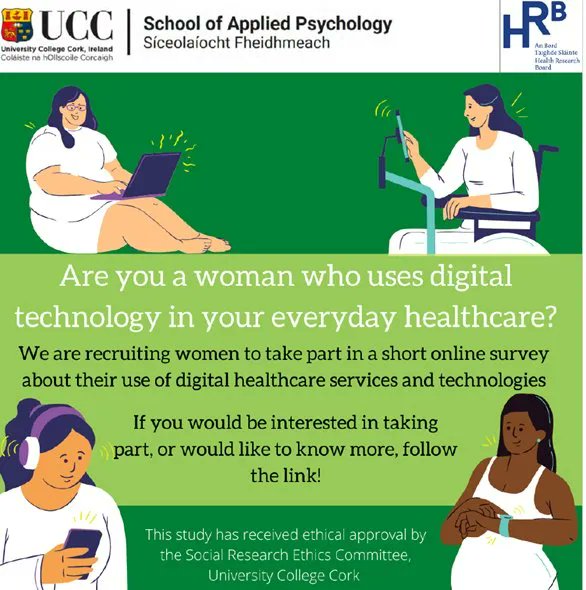 Applied Psychology UCC (@apppsychucc) on Twitter photo Call for research participants!
Are you a woman who uses technology in your everyday healthcare?
<a href="/Ali_WarrenPerry/">Alison Warren-Perry</a> and <a href="/Sarah_Foley_/">Sarah Foley</a> are recruiting women to take part in a short online survey. Follow the link to take part: buff.ly/3tBolky Call for research participants!
Are you a woman who uses technology in your everyday healthcare?
<a href="/Ali_WarrenPerry/">Alison Warren-Perry</a> and <a href="/Sarah_Foley_/">Sarah Foley</a> are recruiting women to take part in a short online survey. Follow the link to take part: buff.ly/3tBolky