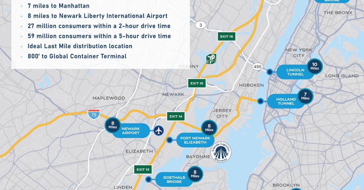 lincoln_bayonne's tweet photo. Delivering 4Q22: your opportunity to locate in heart of NJ’s #PortMarket. This site has it all – 330,000 SF of state-of-the-art, #LastMile #DistributionSpace with 5 acres for parking, just five miles from NYC and offering unparalleled connections by land, sea and air. https://t.co/iW7cRd1mqB