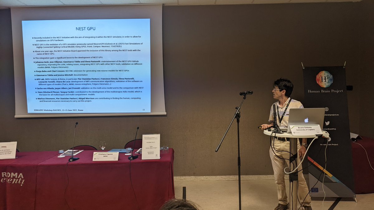 APELab_INFN's tweet photo. Members of APELab listed as contributors of #NESTGPU in Bruno Golosio's talk at #BASSES workshop in Rome.

#NEST #GPU #SpikingSimulations #FastSimulations #Computing #Accelerators https://t.co/mHHX6rwfSf