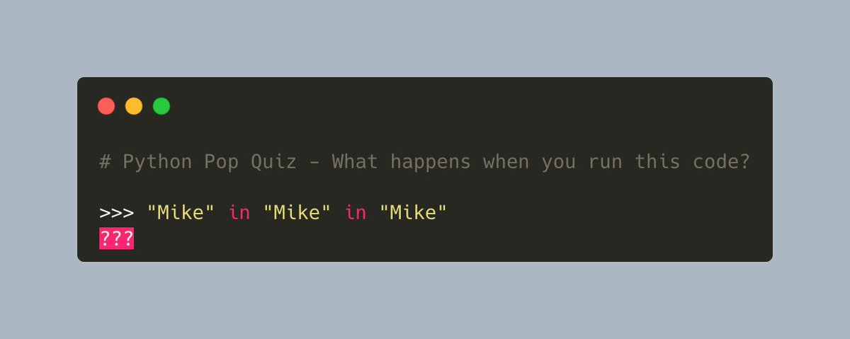driscollis's tweet image. #Python Pop Quiz 🐍❓

What happens when you run this code?

A) An exception is raised
B) True is printed out
C) False is printed out
D) Nothing happens