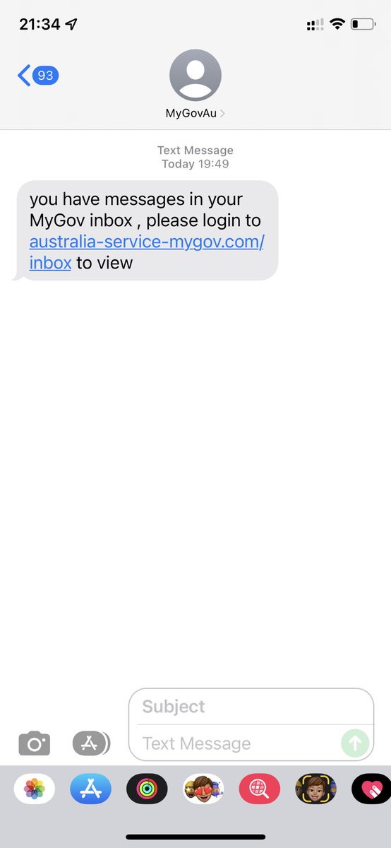 AndrewBBerry's tweet photo. Received a text purporting to be from MyGov. Note the .com domain as a hint it’s not a government agency. Looks very convincing but links don’t work, including Digital Identity. Must be after Username/ Password credentials. @myGovau @AusFedPolice https://t.co/4rCA3KrutA