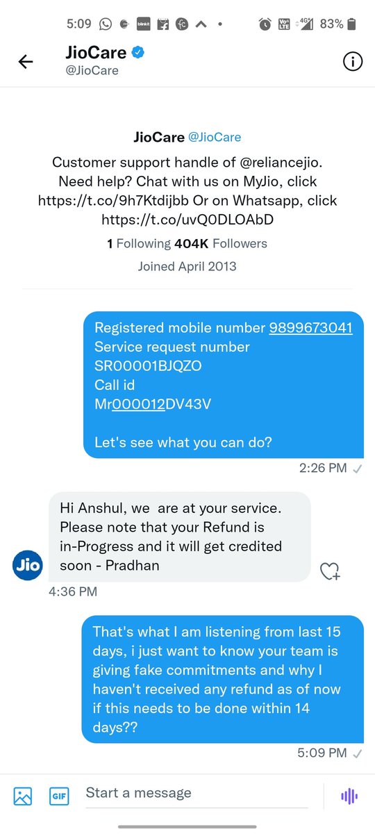 anshulsinner's tweet photo. Another useless response from jio, this is what I am listening from last 15 days instead of getting any refund..😡 https://t.co/eDRKFDbBzx