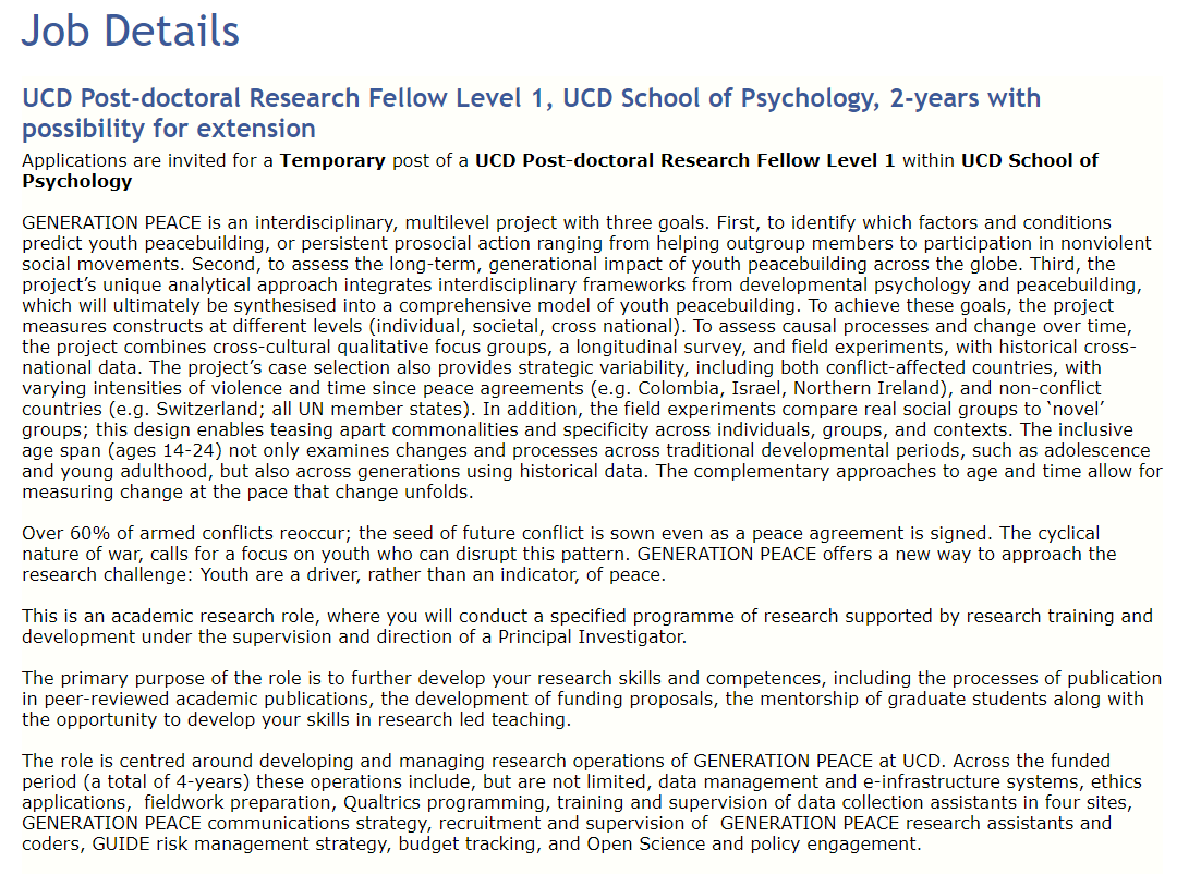 *New* 2+ year post-doc with me <a href="/UCDPsychology/">UCD Psychology</a> 

#GenerationPeace

Multi-site, multi-year, multi-method, interdisciplinary study of #youth #peacebuilding

Due 20 July 5:00 pm

Details in 🧵
DM me any Qs 
Pls RT 👍

PhDs in psychology, sociology, political science, etc. pls apply!