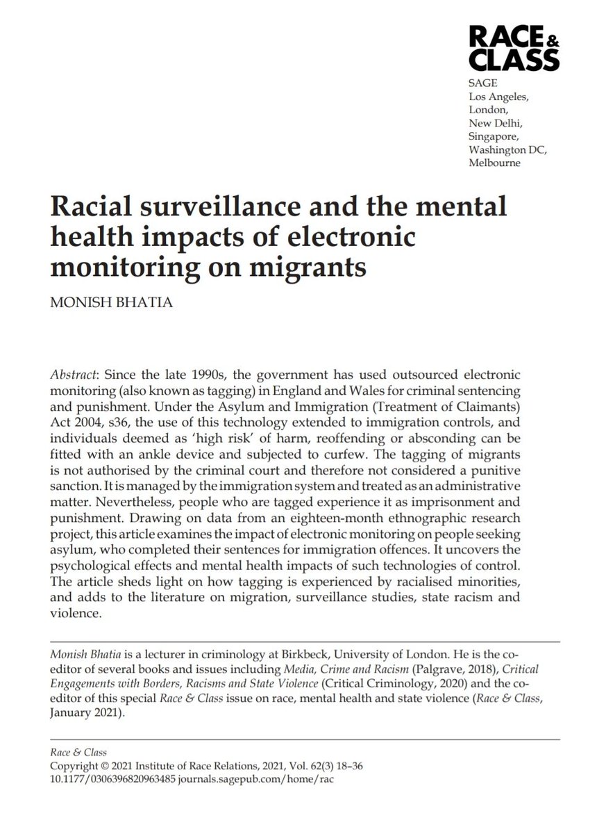 IRR_News's tweet image. After it was revealed that migrants held at Lunar house immigration reporting centre have been fitted with GPS tracking ankle tags, we&apos;ve made this Race &amp;amp; Class article free to read for 30 days ⬇️

@migrantsorg @privacyint @BIDdetention 

#dignitynotdata