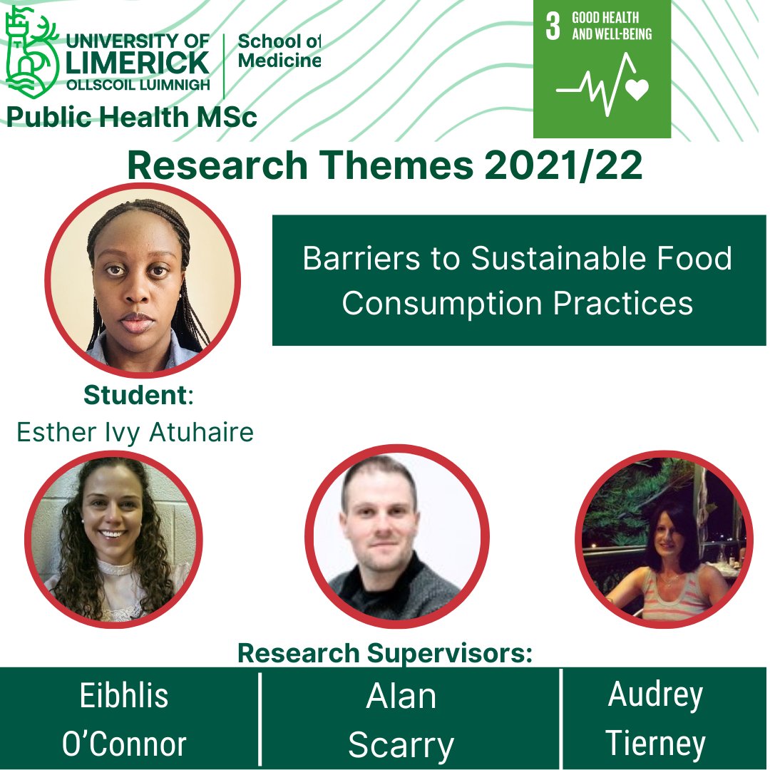 PublicHealthUL's tweet photo. Esther Ivy Atuhaire will be doing her #ResearchProject on #Barriers to #SustainableFood #ConsumptionPractices.
Esther's supervisors will be @EibhlisOConnor, @Scarryalan and @AudreyTierney .
To learn more about our Research Module visit: https://t.co/7tfwZq819Q
#PublicHealthUL https://t.co/DNrRfWWicm