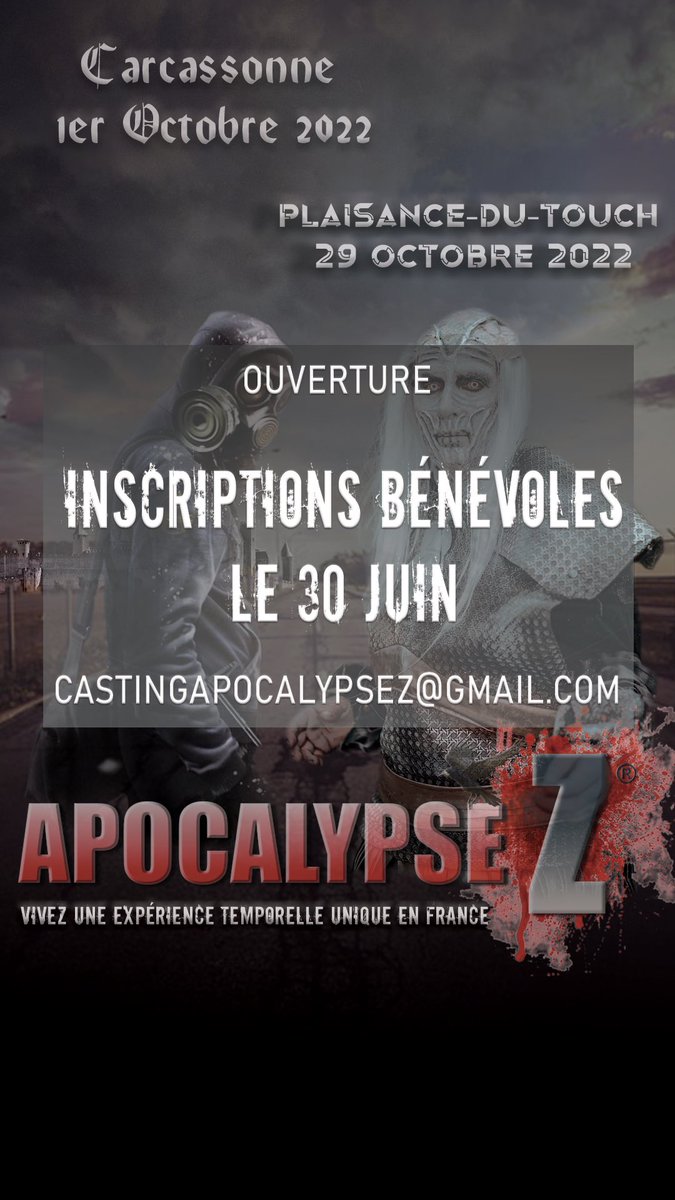 apocalypsezgn's tweet photo. Be Ready!!!
Ouverture des inscriptions pour l’envers du décor le 30 JUIN!!!
https://t.co/3ZxN1dEf0X
#Zombie #Toulouse #carcassonne #France #experienceinsolite #TheWalkingDead #SFX #association #escapegame #Halloween https://t.co/Z5Y5dIvJEG