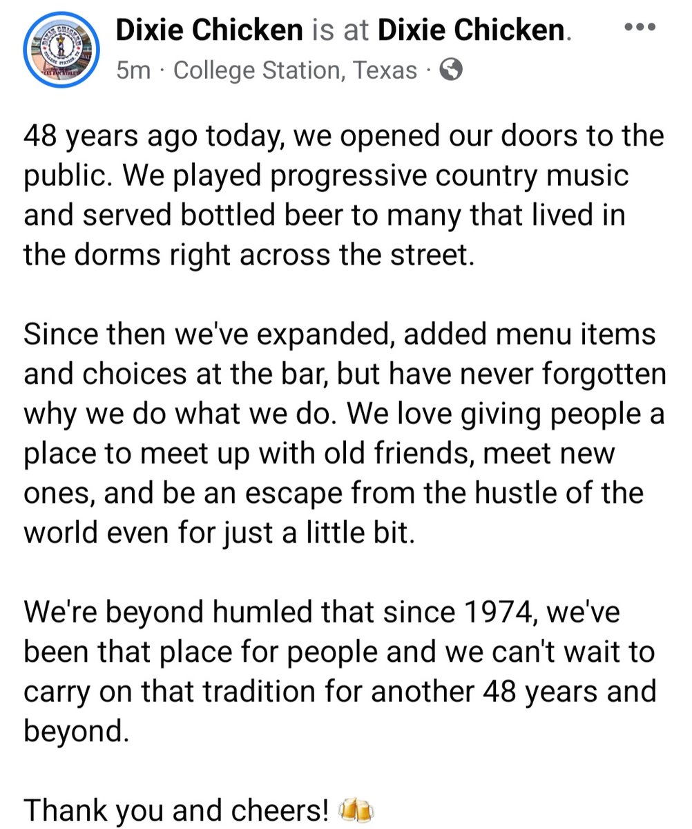 thedixiechicken's tweet photo. Thank you for 48 years of letting us be a part of your experiences in #Aggieland. We've loved every single moment of it and look forward to the next 48. 🍻 https://t.co/sOKP7az3kS