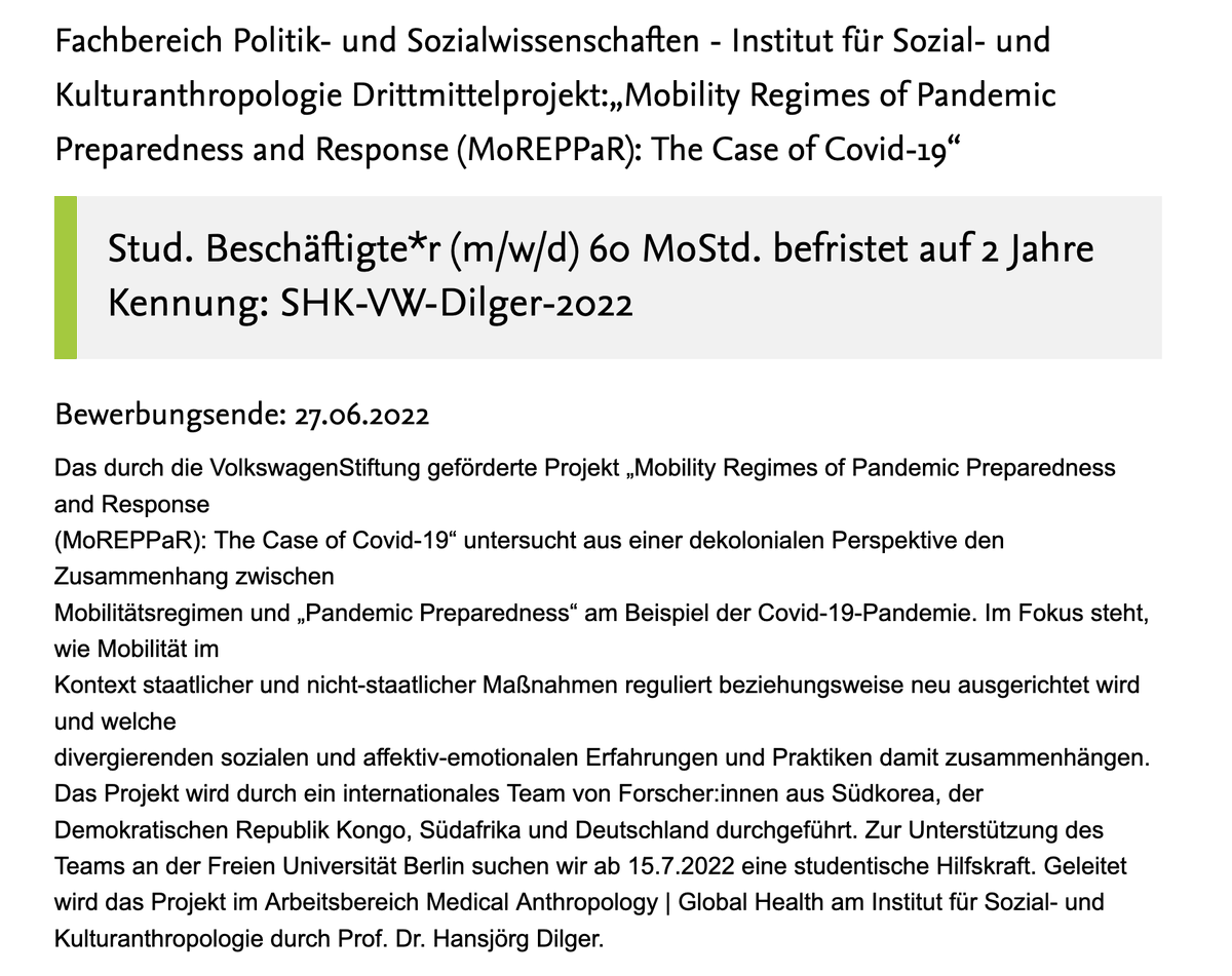 Hansjörg Dilger (@hdilger.bsky.social) (@h_dilger) on Twitter photo Für das <a href="/VolkswagenSt/">VolkswagenStiftung</a> Projekt "Mobility Regimes of Pandemic Preparedness & Response: The Case of Covid-19" <a href="/FU_Berlin/">Freie Universität</a> suchen @probursula & ich studentische Unterstützung (60h/Mo)
Wir freuen uns auf Bewerbungen bis 27.6.: fu-berlin.de/universitaet/b… #Medizinanthropologie #GlobalHealth Für das <a href="/VolkswagenSt/">VolkswagenStiftung</a> Projekt "Mobility Regimes of Pandemic Preparedness & Response: The Case of Covid-19" <a href="/FU_Berlin/">Freie Universität</a> suchen @probursula & ich studentische Unterstützung (60h/Mo)
Wir freuen uns auf Bewerbungen bis 27.6.: fu-berlin.de/universitaet/b… #Medizinanthropologie #GlobalHealth