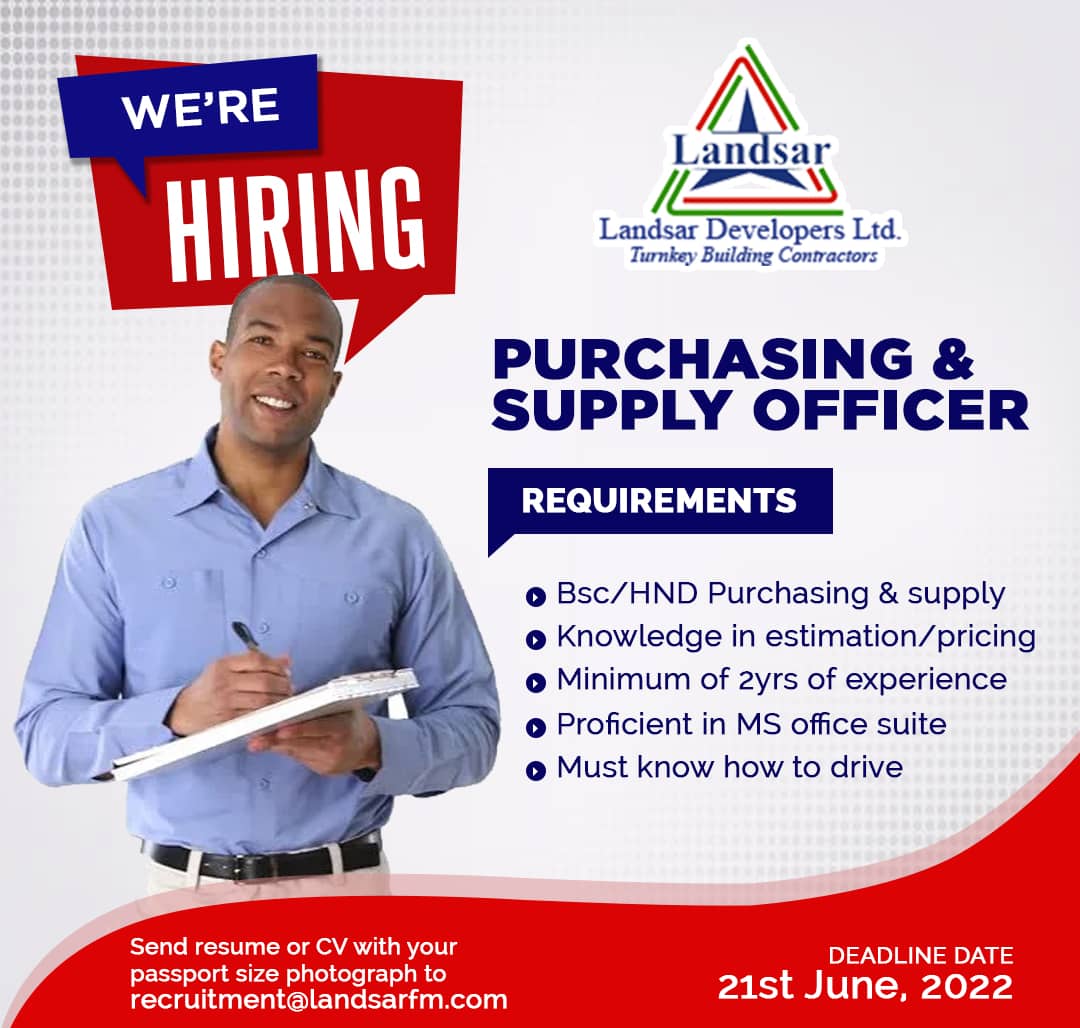 LandsarDevelop1's tweet photo. We're Hiring!!!!
#Construction #constructionmanagement #constructioninghana #constructioncompany #purchasingteam #vacancyinghana #jobvacancy #landsardevelopers https://t.co/Iyv9P5f0TB