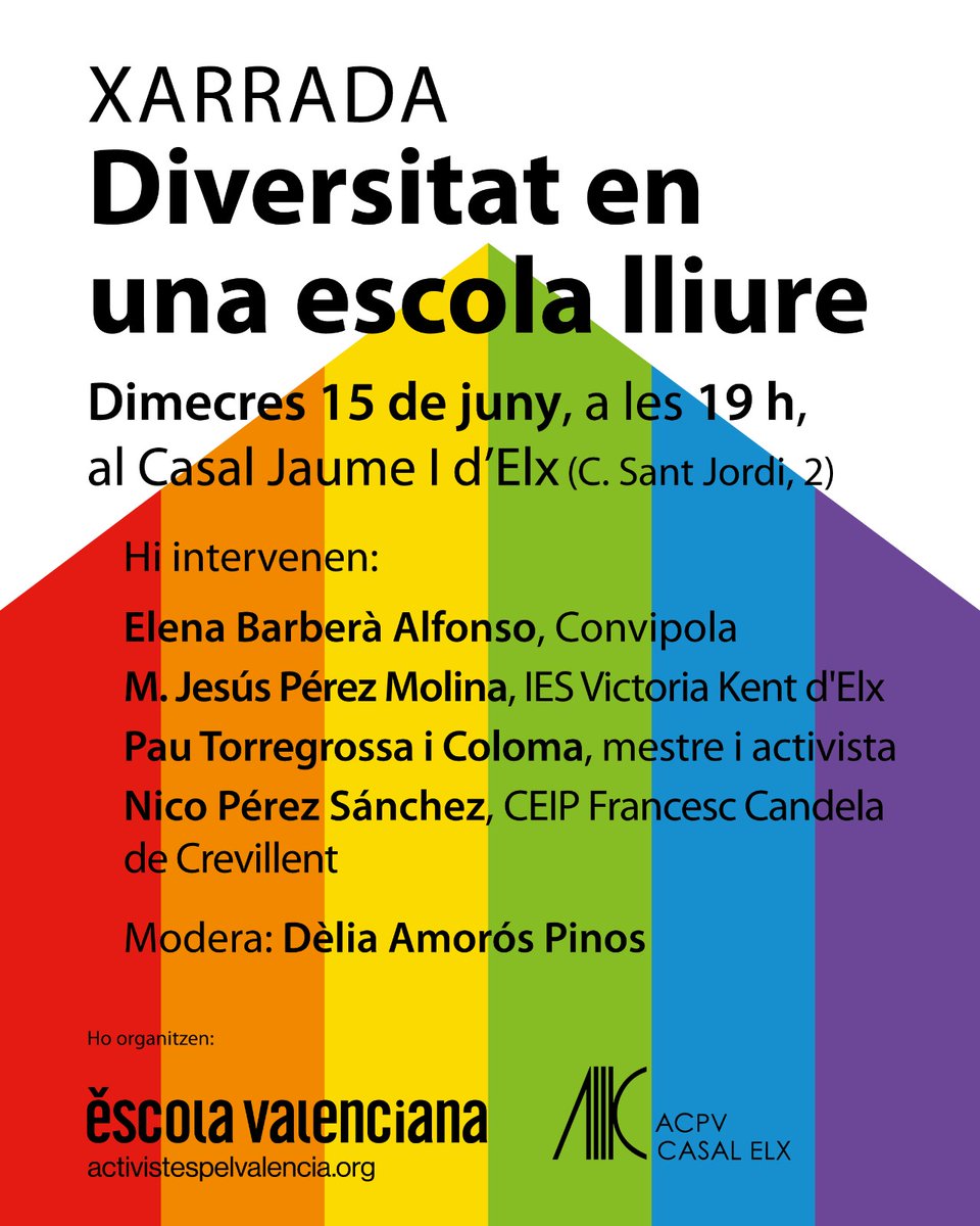 🏳️‍🌈#LEscolaQueEnsFaLliures és aquella que fem centres, professorat, alumnat, famílies i activistes cada dia. 

🌴A #Elx acollim experiències, projectes i eines coeducatives de prevenció de LGTBIfòbia i la promoció de la convivència i la diversitat a les aules. 

💜Us hi esperem!