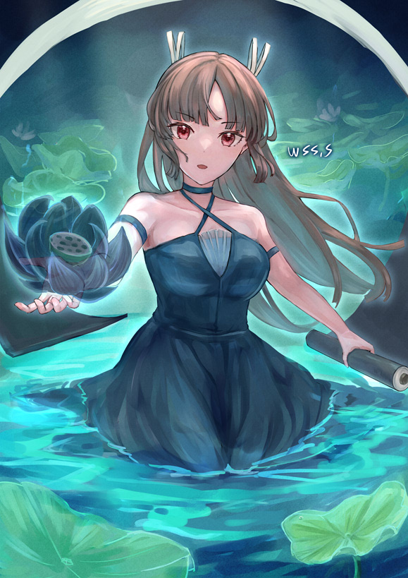 Hiyou Kancolle 1girl Long Hair Dress Solo Scroll Lotus Black Dress Illustration Images