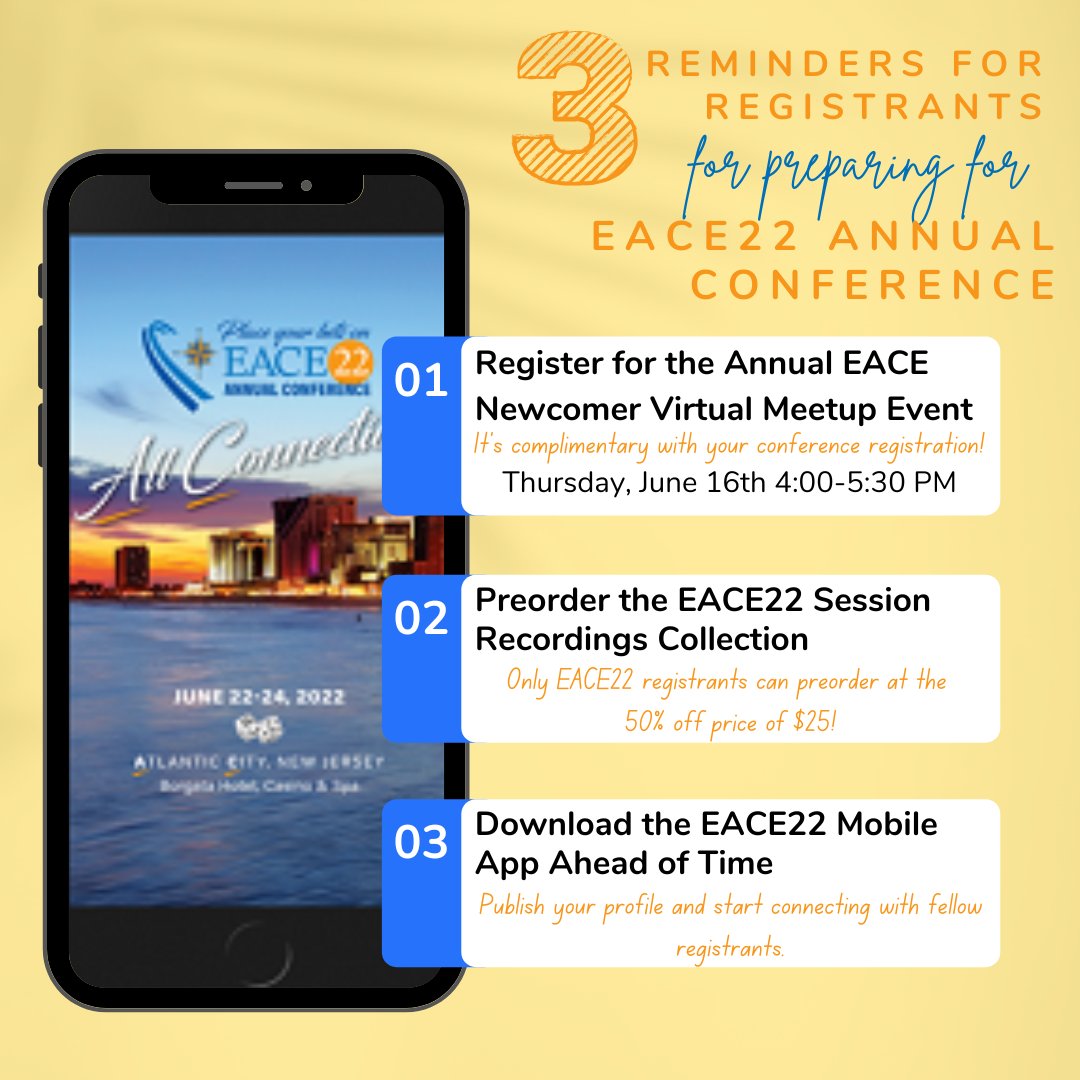 EACEPR's tweet photo. 3 REMINDERS FOR OUR #EACE22 REGISTRANTS!

We are looking forward to seeing you next week for the EACE 2022 Annual Conference! Here are a few important reminders you may want to consider!

#EACE #EACE22 #Tips #Reminders https://t.co/llr0Qf69j3