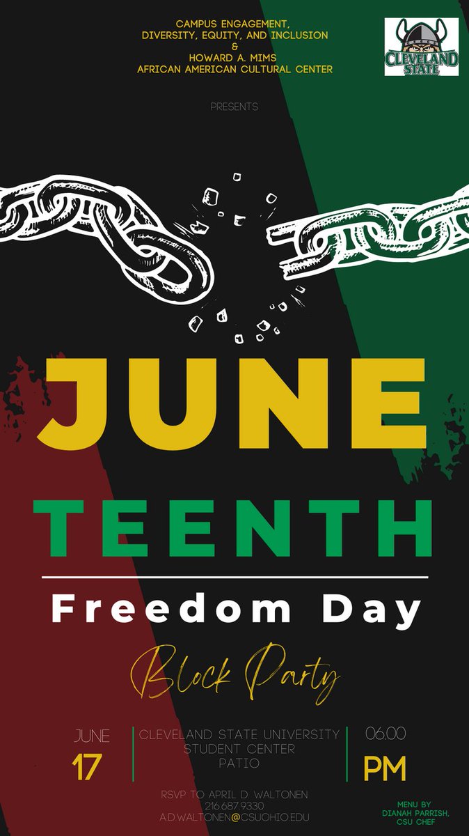 Let's celebrate! There's a Freedom Block Party going down in honor of Juneteenth this Friday starting at 6PM.

RSVP to April Waltonen
216.687.9330
a.d.waltonen@csuohio.edu

#clevelandstateuniversity #juneteenth #juneteenthcelebration