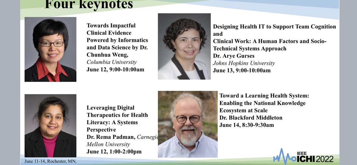 Thanks for all the organizers, contributors, volunteers, and Sponsors. We had a delivery of <a href="/ichi2022/">ICHI2022 IEEE</a>. The keynotes by <a href="/nychunhua/">Chunhua Weng</a> Dr Padman <a href="/AysePGurses/">Ayse P Gurses</a> <a href="/bfm/">Blackford Middleton</a> were delivered through Zoom webinars for virtual participants and in-person gathering - a great hybrid format. 1/3