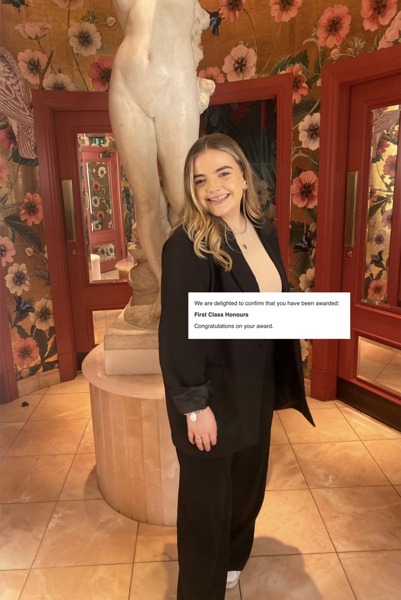 MillieWallerr's tweet image. Wow…so after not really ever wanting to go to Uni, I’ve come out with a FIRST CLASS HONOURS 🤭 WHATT!!!!! 

Thank you to everyone at @UA92MCR I couldn’t of done it without you all 🥰