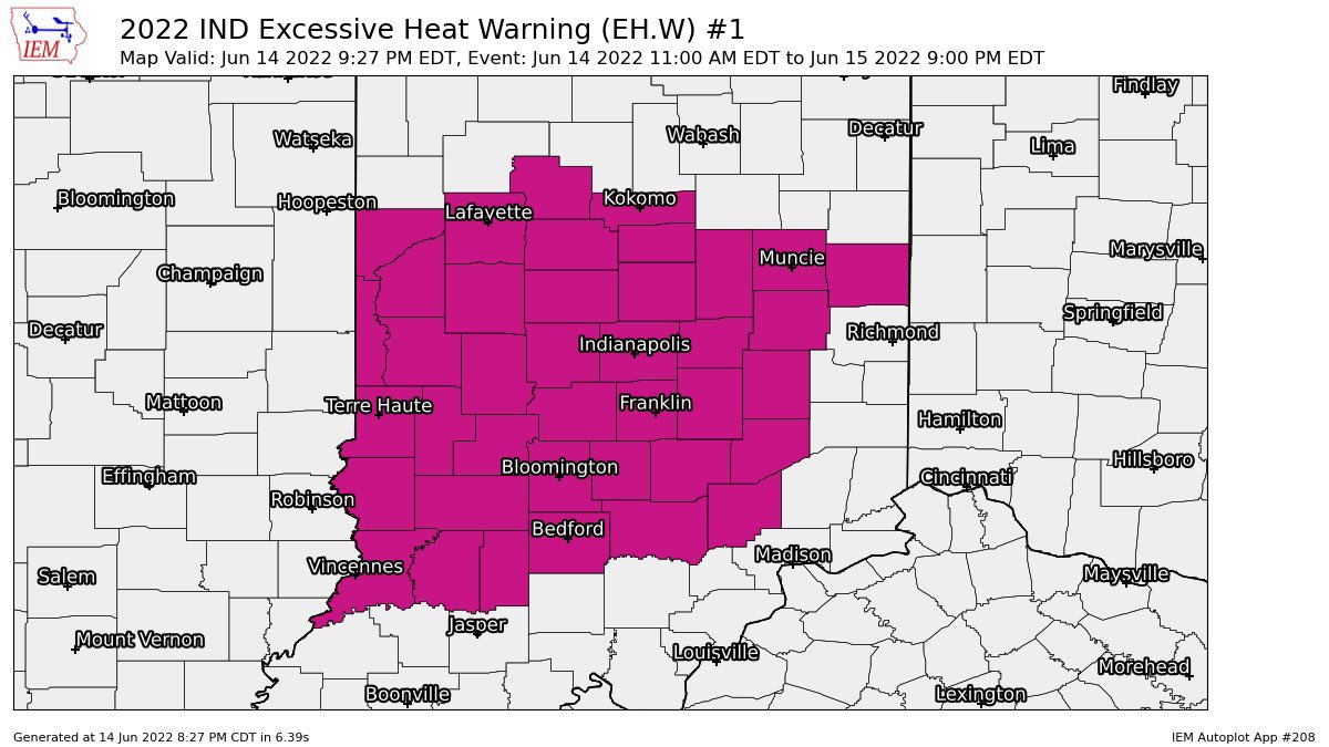 SCI_WX's tweet photo. 🚨Weather Alert🚨 EXCESSIVE HEAT WARNING is in effect until 9pm 6/15 for all of south central Indiana. Heat index near above 110°F is expected. Stay cool and hydrated. https://t.co/Yze0k6kZTO
