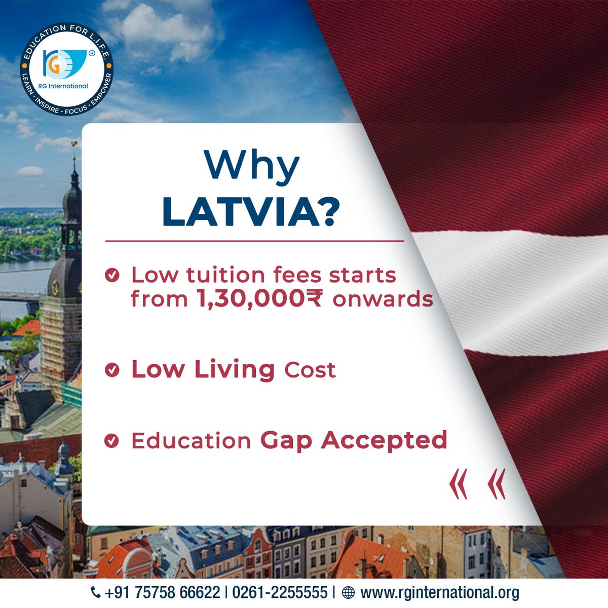 Latvia is a friendly and welcoming country.
The price for living & studying in Latvia are reasonable allowing students to afford more for less. 

🌐 rginternational.org

#studyinlatvia #latvia🇱🇻 #latviatravel #latviannature #suratcity #education #educationabroad #abroadcareer