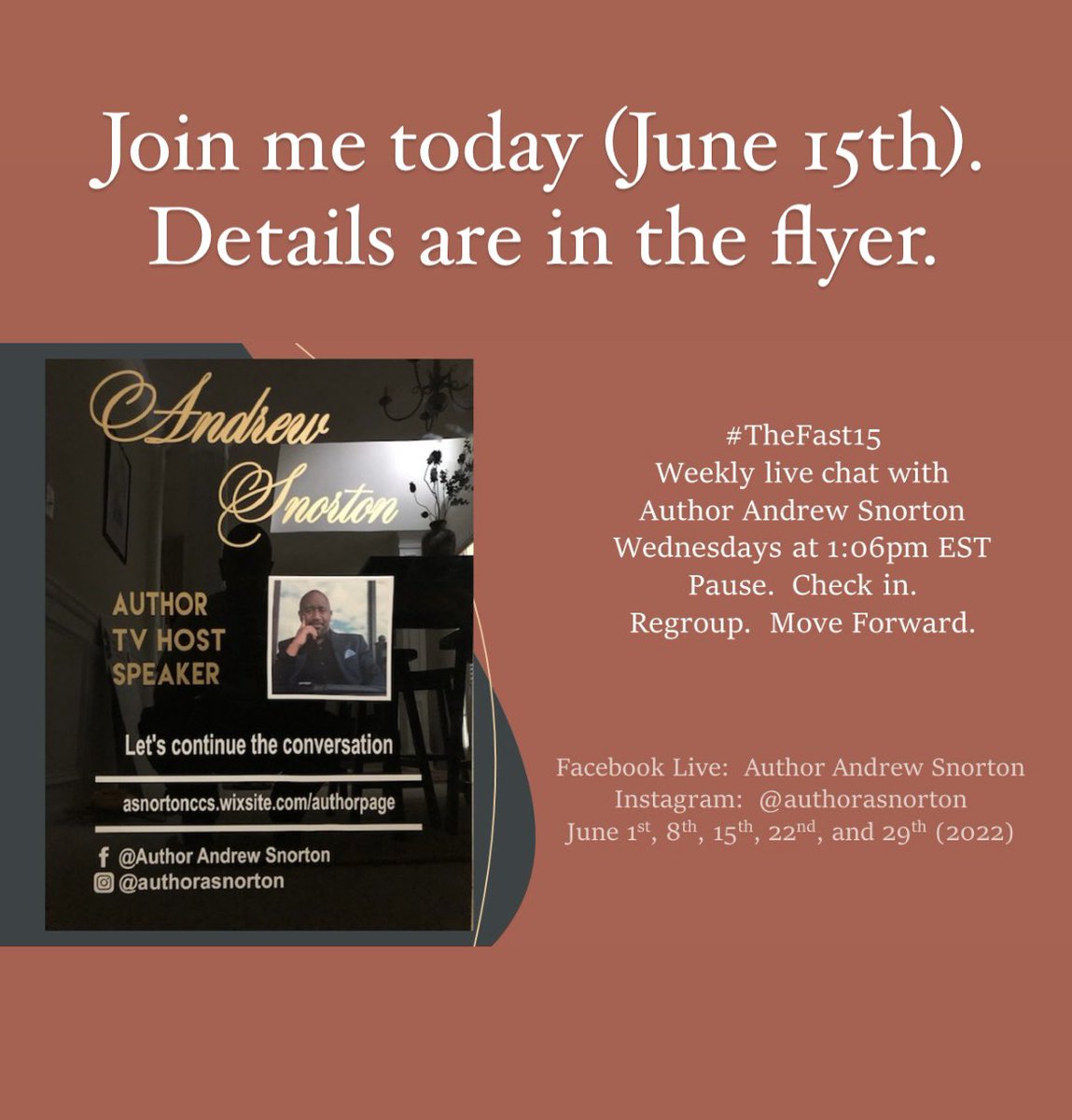 AuthorASnorton's tweet image. Join me for our weekly live chat. Details are in the flyer.  #TheFast15 #weeklychat #pause #reboot #reflect #books #audiobooks #AuthorASnorton