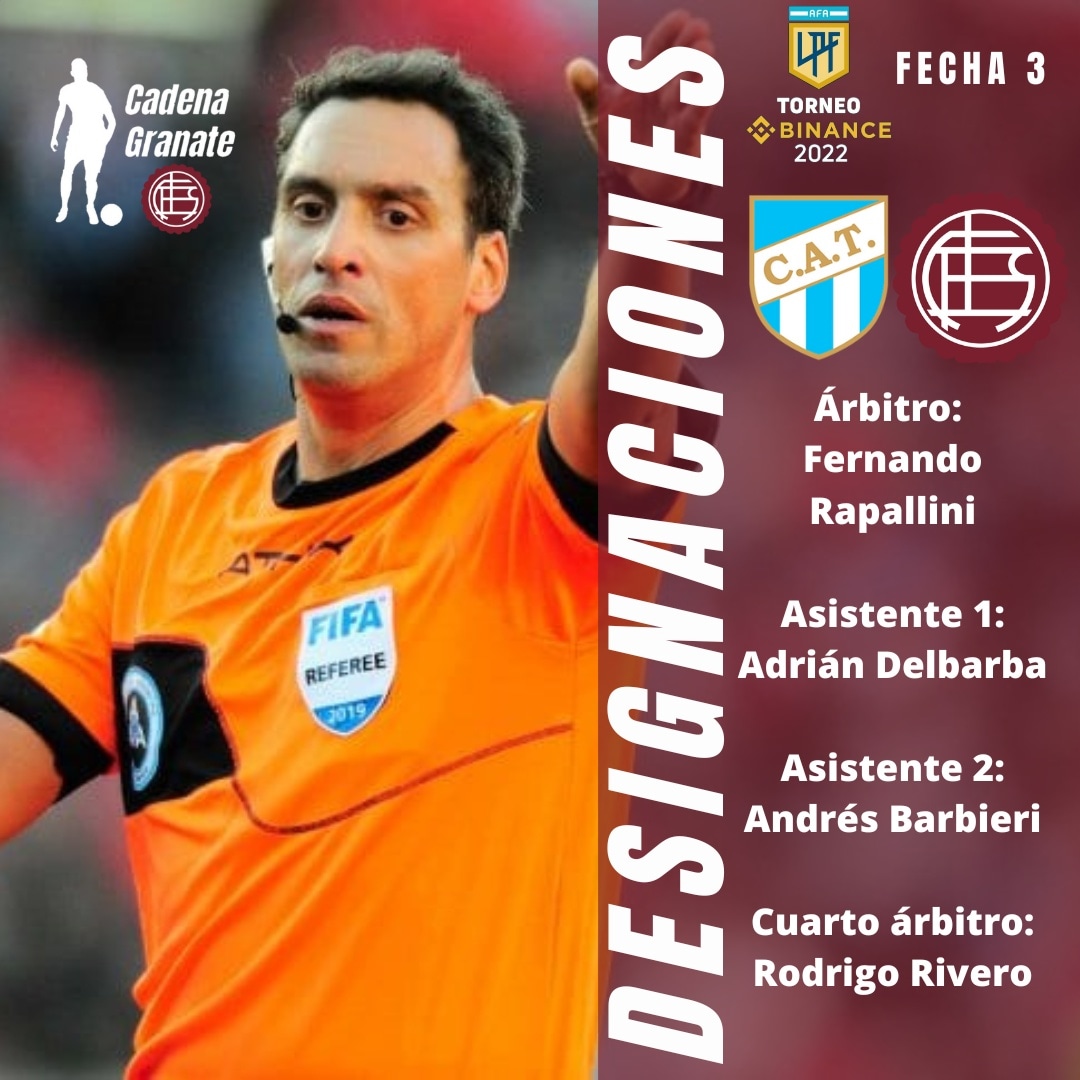 CadenaGranate's tweet photo. ¡ÁRBITRO CONFIRMADO!
El árbitro designado para el partido de esta tarde en #Tucumán que se jugará a partir de las 16:30 hs entre @ATOficial y @clublanus será Fernando #Rapallini
Asistente 1: Adrián #Delbarba
Asistente 2: Andrés #Barbieri
Cuarto árbitro: Rodrigo #Rivero https://t.co/ioJs4ozmqp