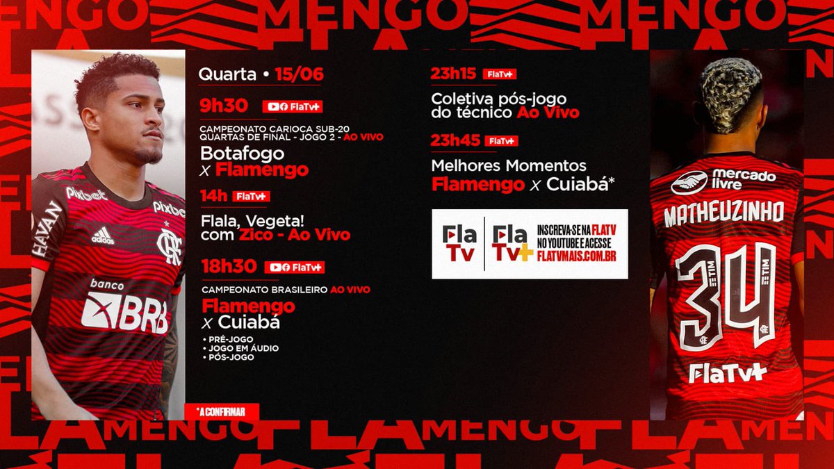 Flamengo's tweet photo. Se liga na programação de hoje da FlaTV e da FlaTV+! 

#CRF https://t.co/yLxWG7y3xb