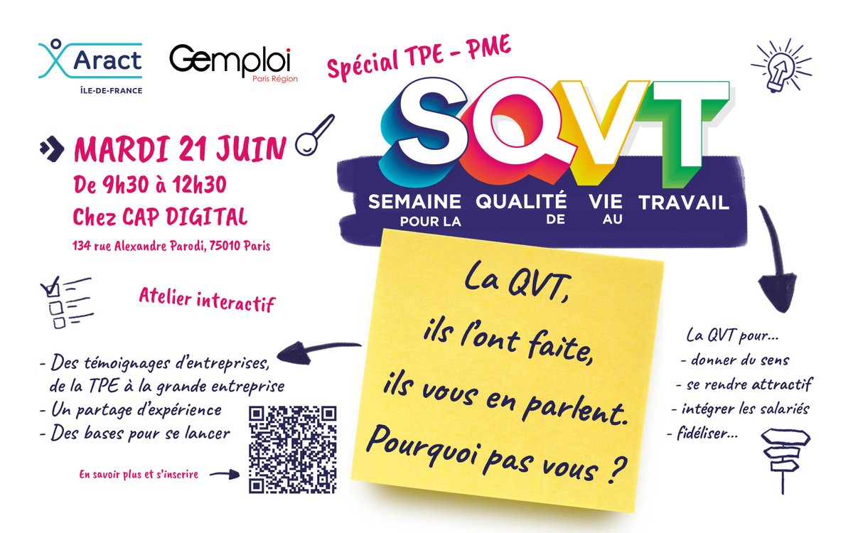 ⭐⭐⭐Retrouvons-nous pour l' Atelier #sqvt2022 proposé par <a href="/aractidf/">Aract Ile de France</a> en partenariat avec <a href="/GemploiParis/">Gemploi, l'emploi à temps partagé</a>, mardi 21 juin de 9h30 à 12h30 pour y participer 👉urlz.fr/iyW9
#qvt #tpe #pme #ressourcespartagées  #intelligencecollective #ge  #groupementdemployeurs #collectifge