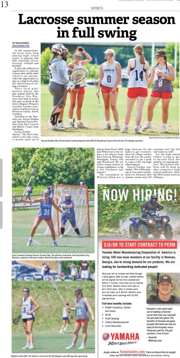 In the sports section of todays <a href="/TimesHerald/">The Newnan Times-Herald</a> -
<a href="/danielamarie__/">Daniela Garcia-Texidor</a> and Alyssa Holden from <a href="/EastCowetaHigh/">Official East Coweta High School</a> AND Mattie Comte from @VIKINGATHLETIC4 playing summer lacrosse with the Peachtree City Warriors